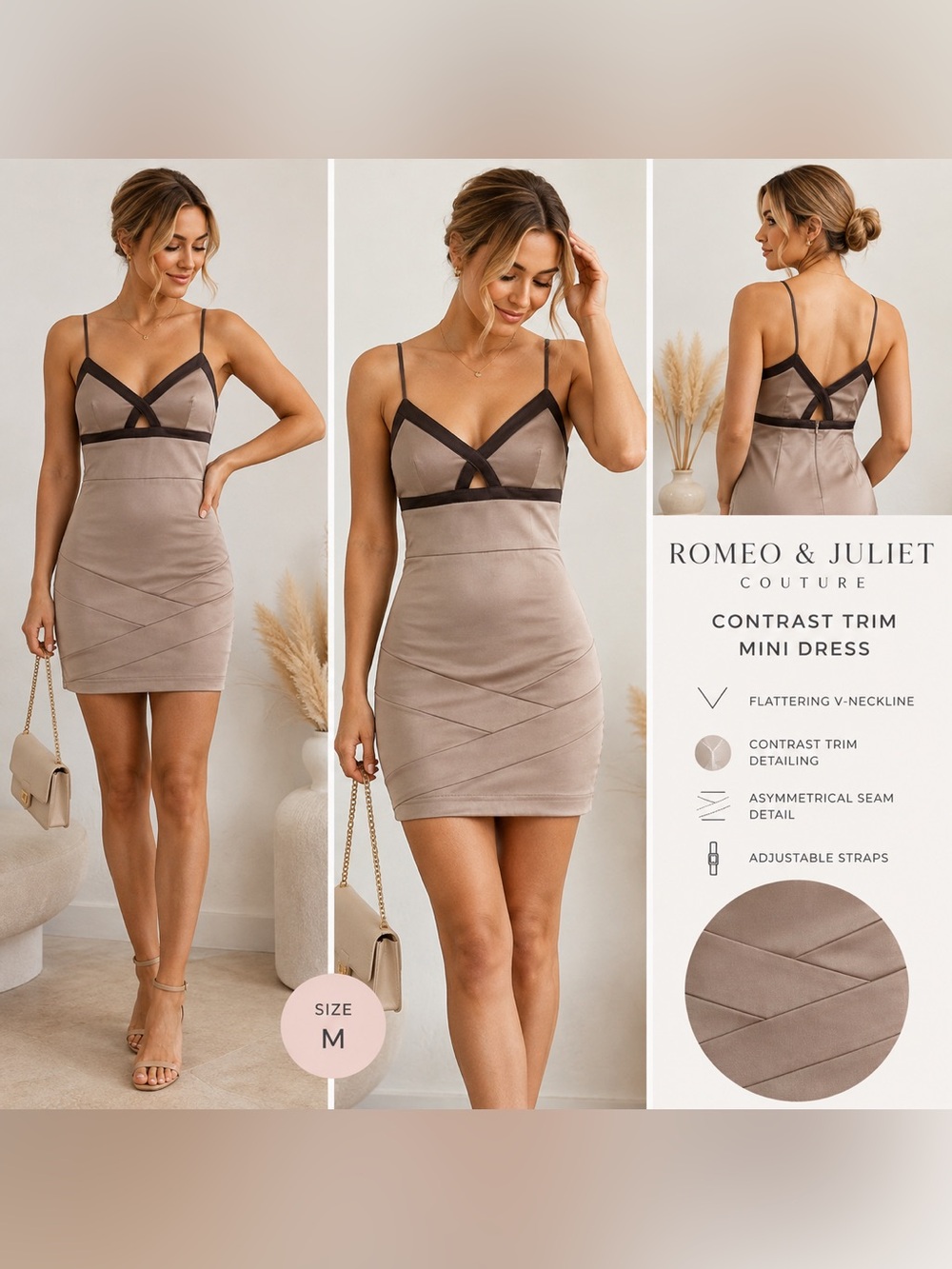 Romeo & Juliet Couture Taupe Contrast Trim Bodycon Mini Dress M